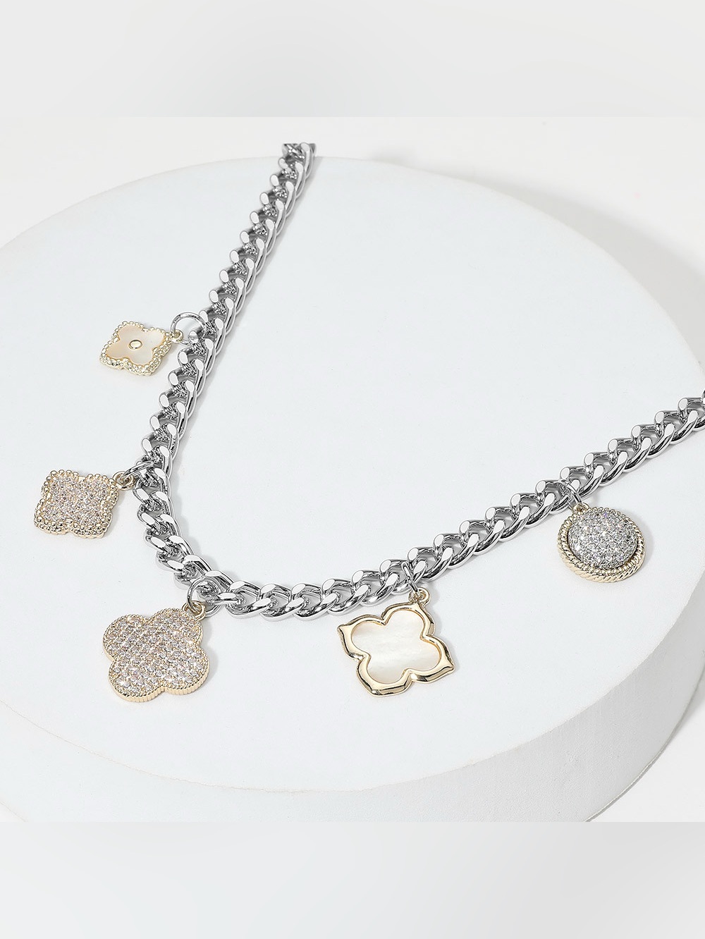 14K Gold Plated CZ Stone Paved Mother of Pearl Quatrefoil Charm Station Necklace